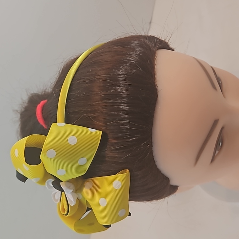 Hand Crafted Handmade Bow Hairband Yellow white polka-dot black contrast ribbon - Picture 5 of 17